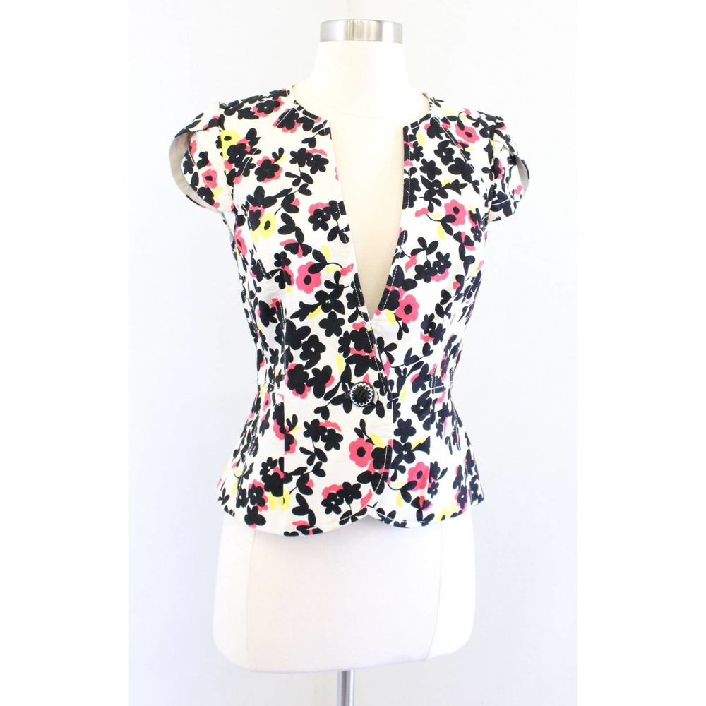 Elevenses Anthropologie Dahlia Off White Floral Cap Sleeve Blazer Jacket Size 0